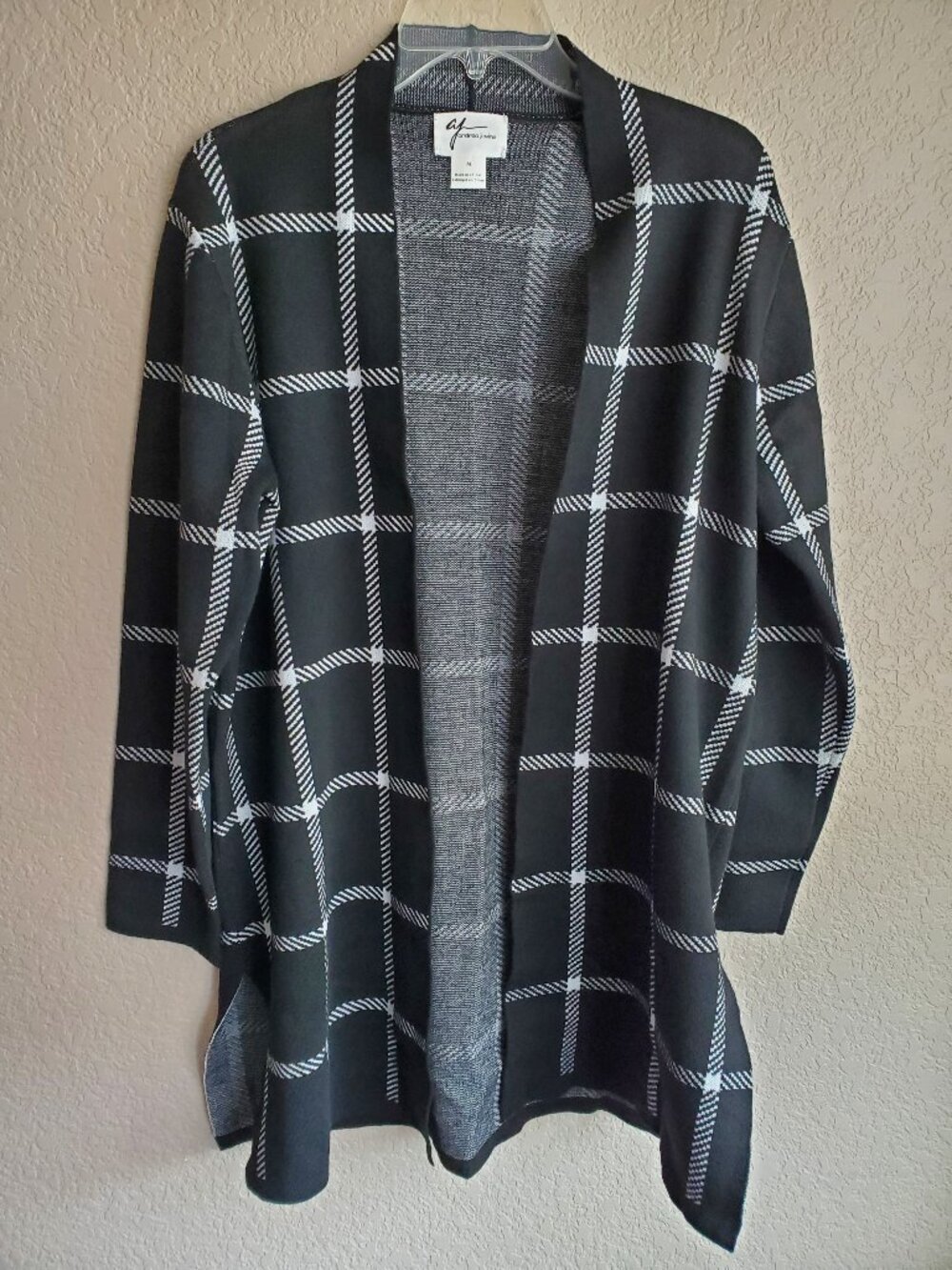 Andrea Jovine Open Front Plaid Cardigan Black White Knit Minimalist Layering M